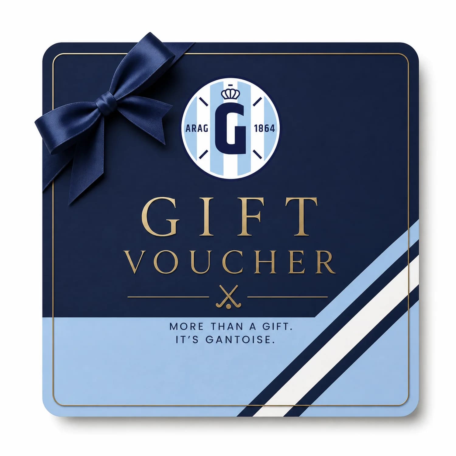 Cadeaubon van ARAG Gantoise 1864 — donkerblauwe kaart met het clubembleem, een satijnen strik en Gift Voucher in goudkleurige letters